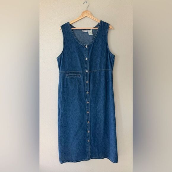 Vintage Dresses & Skirts - Vintage 90s Y2K Faded Glory 100% Cotton Denim Button Front Tank Dress Size L